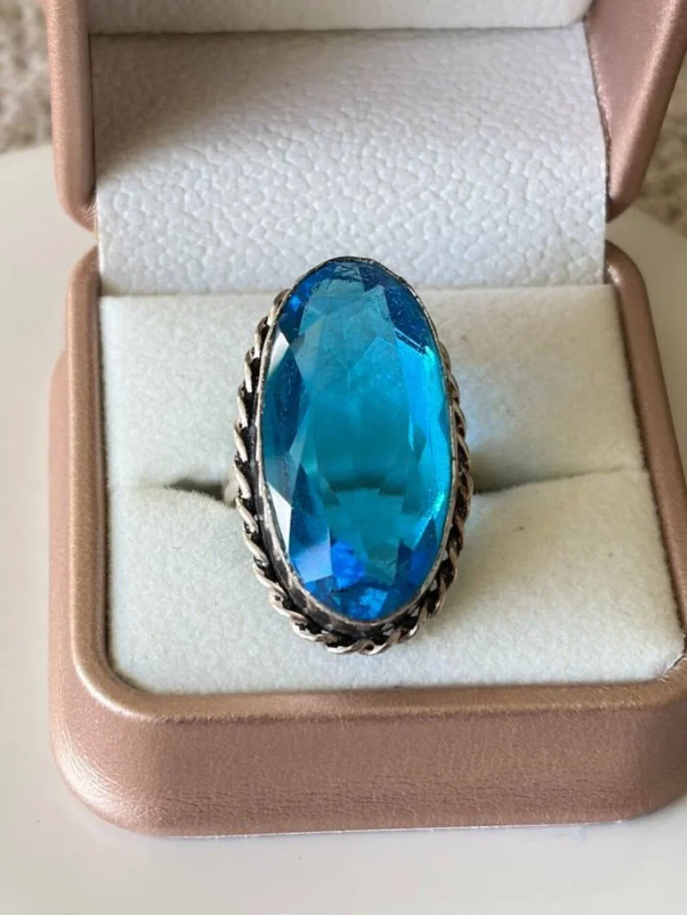 Simulated Blue Topaz Oval Stone Statement Ring 925 Silver Plated - Size 8